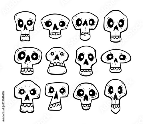 Hand drawn skull collection. Funny cartoon skulls isolated on white background. Vector illustration.