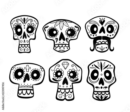Hand drawn mexican skull collection. Cute cartoon sugar skulls isolated on white background. Set 1 of 2. Vector illustration.