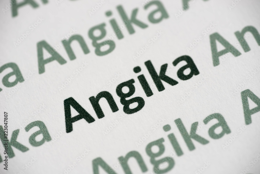 word Angica language printed on paper macro