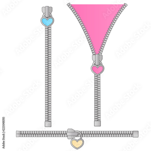 Cute vector set of zippers in the form of a small pink, blue, yellow heart. Suitable for birthday invitations in style lol doll surprise. Zipped and unzipped. Opened and closed