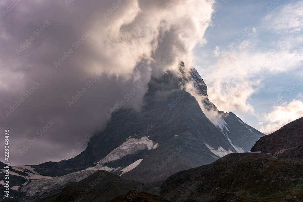 Clouds swirling around the peak of the Matterhorn