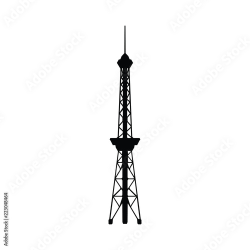 A black and white silhouette of a tv tower