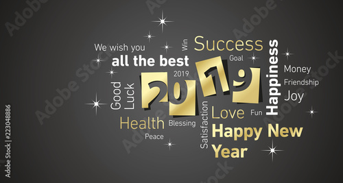 Happy New Year 2019 negative space word cloud gold white black vector