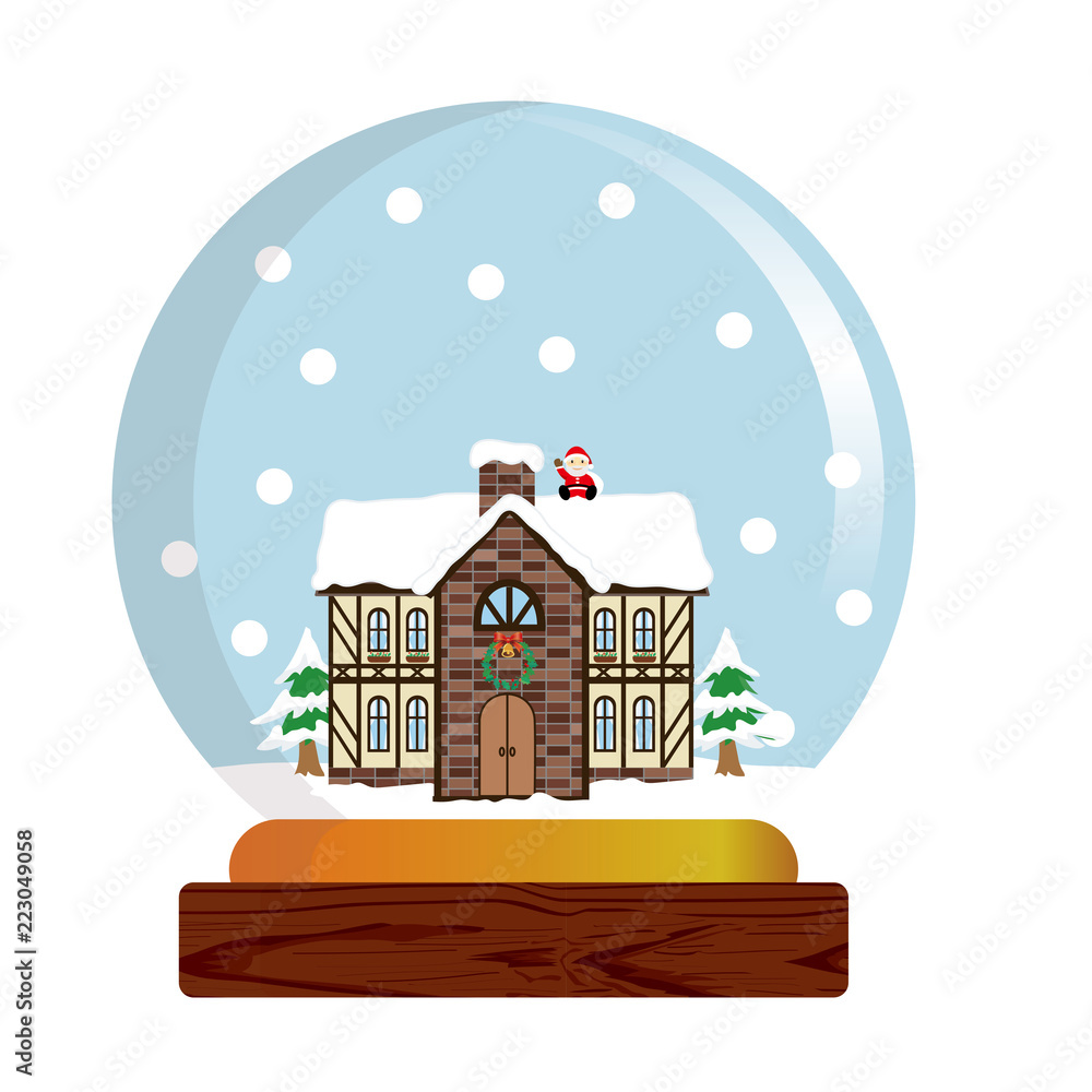 スノードームのイラスト 雪景色の西洋風の煙突の家とサンタクロース Snow Dome Globe Stock Vector Adobe Stock