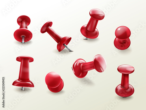 Stationery office thumbtack, vector realistic set of red glossy push pins for fixing on board reminders, notes, top and side view with different tilt angle, isolated on white background