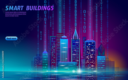 Smart city 3D neon glowing cityscape. Intelligent building automation night futuristic business concept. Web online vivid color cyberpunk retrowave. Urban technology banner vector illustration