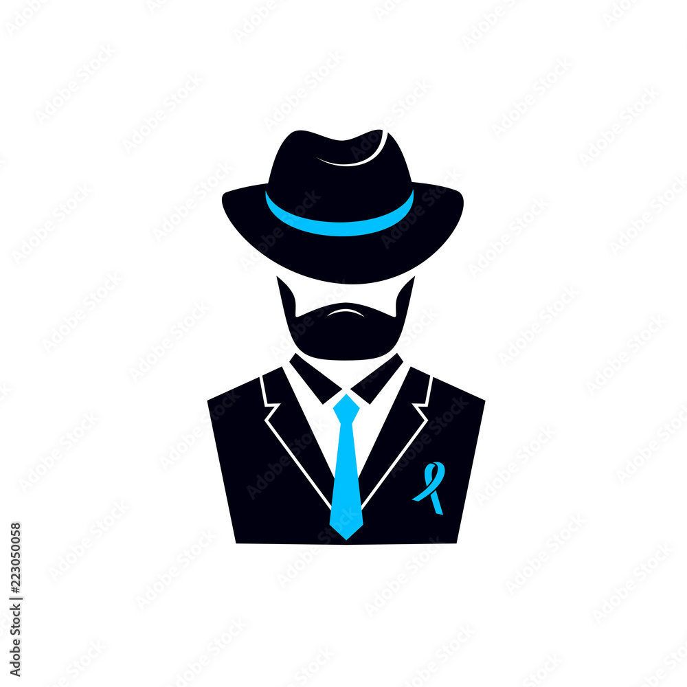 Bearded man in a hat and a suit with a blue ribbon. Prostate cancer Awareness Month concept.