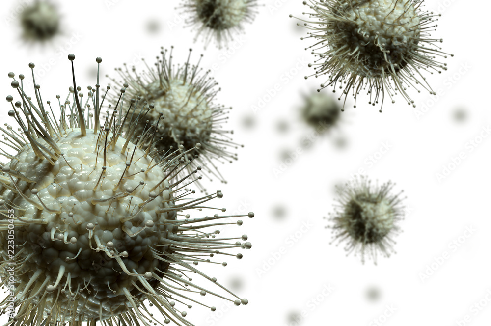 Virus cells under the microscope isolated on white background Stock