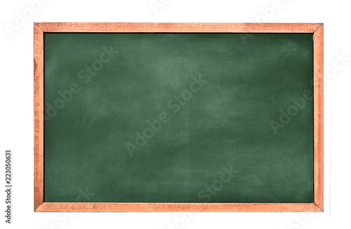 Empty green chalkboard texture hang on the white wall. double frame from greenboard and white background. image for background, wallpaper and copy space. bill board wood frame for add text. photo