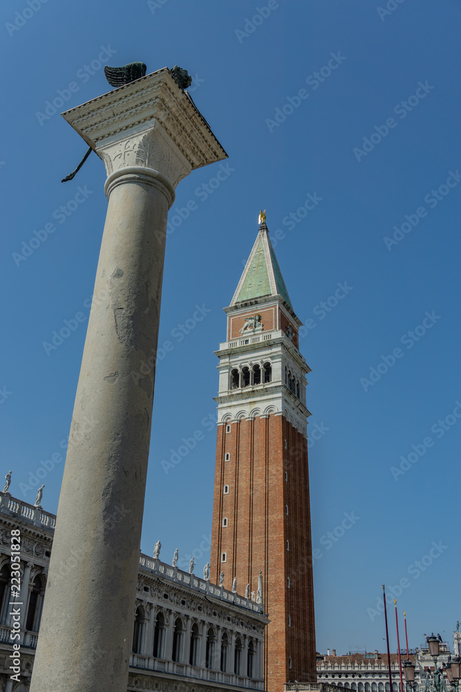 Bell Tower St Mark's Square (Campanile in piazza San Marco), Venice, Veneto, Italy. Piazza San Marco is one of the main travel attractions in Italy.