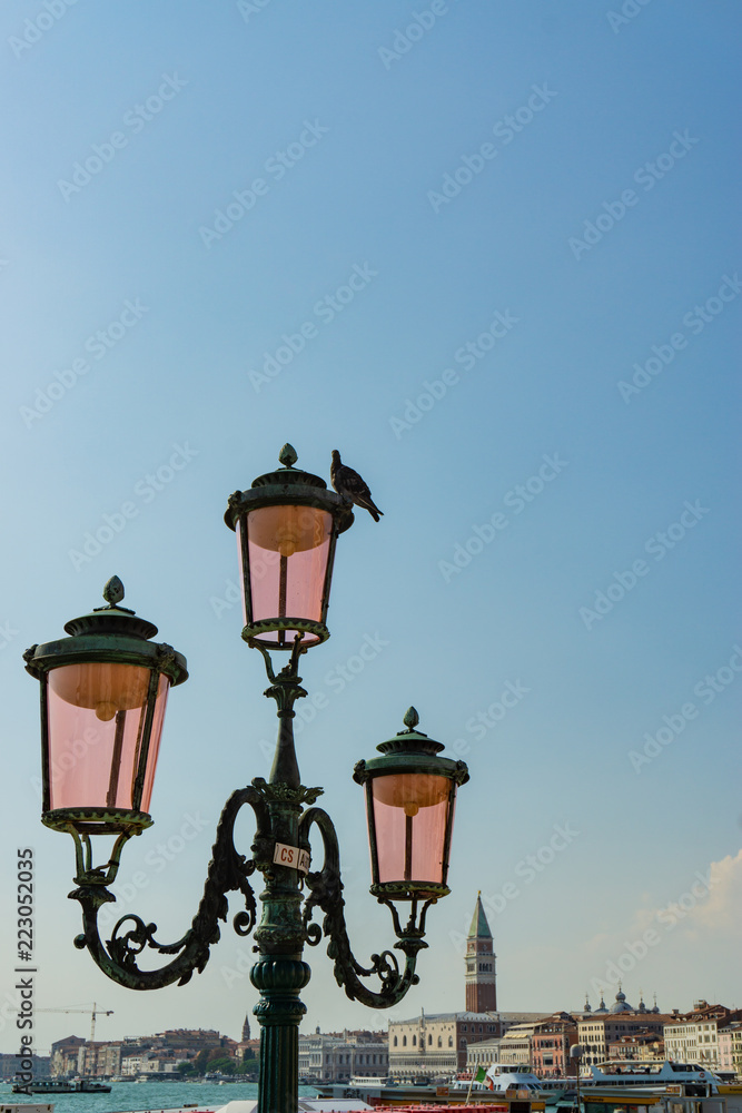 View of piazza san marco and grand canal behind a typical venetian light pole, Venice, Veneto, Italy