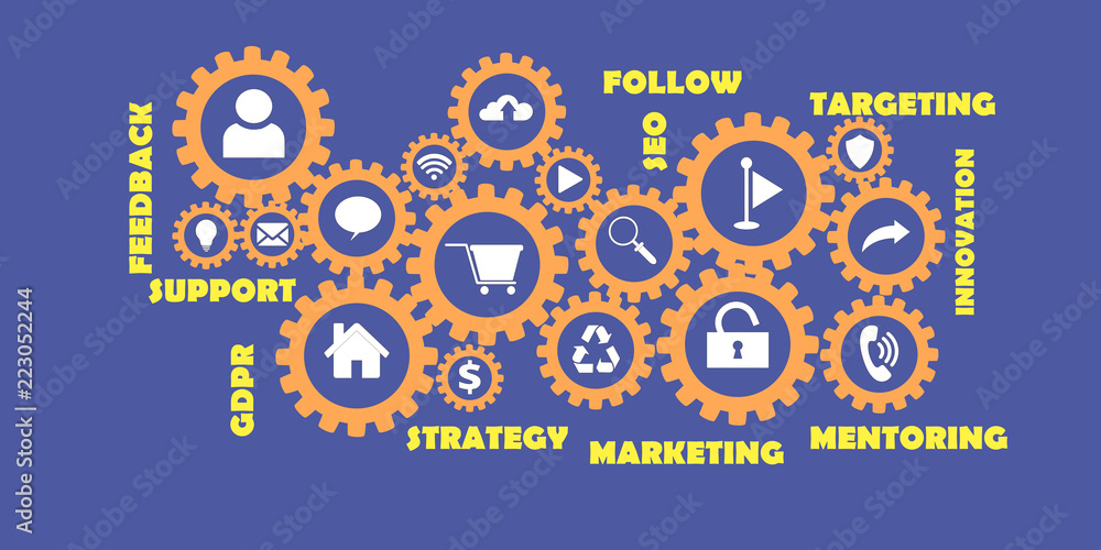 Gears mechanism concept. New internet web technology. Marketing,  strategy, SEO, Targeting, Support tag cloud. Words and icons