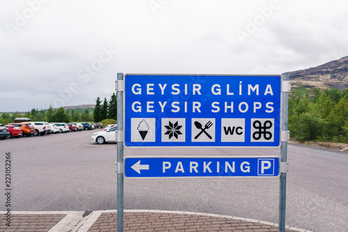 Parkplatz Schild, Geysir, Island