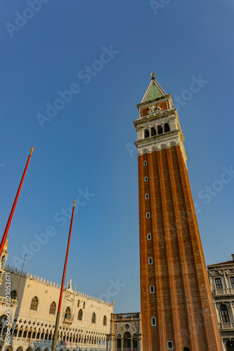 Bell Tower St Mark's Square (Campanile in piazza San Marco), Venice, Veneto, Italy. Piazza San Marco is one of the main travel attractions in Italy.  © marcodotto