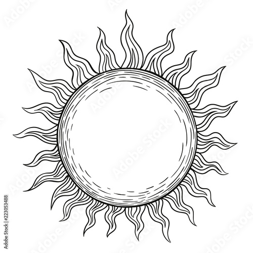 The sun, a linear drawing in the style of engraving black lines