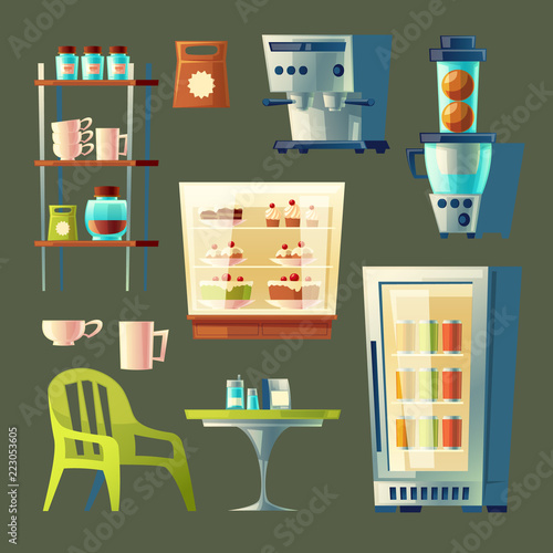 Vector cartoon cafe set - coffee machine, cupboard with utensil and table. Elements for cafeteria interior. Fridge with cakes, mixer and chair isolated on green background. Sweet-shop or confectionery