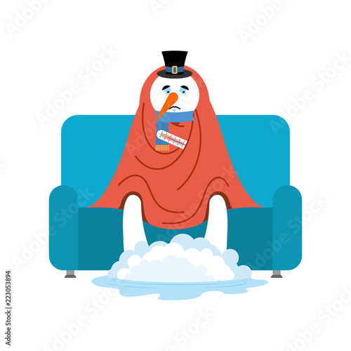Statue of Liberty sick sitting in armchair wrapped in blanket. United States landmark illness sneezing. Woman having flu sitting on sofa. USA symbol vector illustration