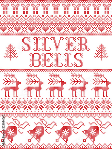 Wallpaper Mural Christmas pattern Silver bells  carol vector seamless pattern inspired by Nordic culture festive winter in cross stitch with heart, snowflake, snow ,Christmas tree,  reindeer, present, ornaments Torontodigital.ca