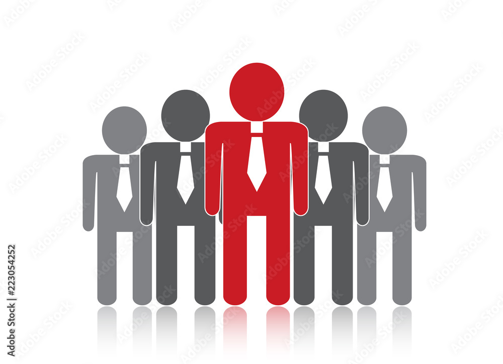 team of simple silhouettes of business people in greists. the chief executive is highlighted in red team of simple silhouettes of business people in greists. the chief executive is highlighted in red