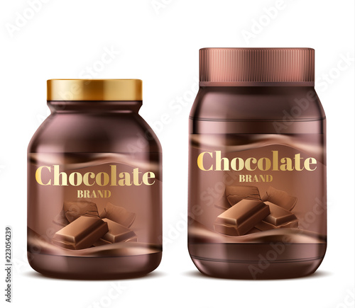 Vector 3d realistic chocolate paste in plastic jars with shadows. Natural dessert butter, creamy dark spread isolated on white background. Sweet product label for ad posters, banners. Cocoa food.