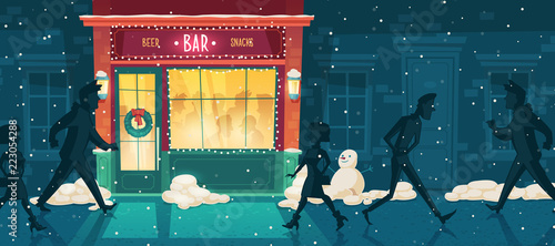 Vector background with beer bar at winter, Christmas Eve. People on the street and inside the establishment. Facade, entrance with illumination, signboard and wreath. Outdoor architecture background.