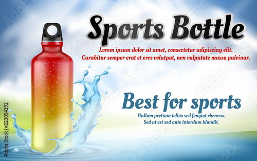 Vector promotion banner with plastic sports bottle in blue water splash, isolated on light background. Mockup with colorful container for energy cocktails, flask for drinks for fitness, jogging, yoga