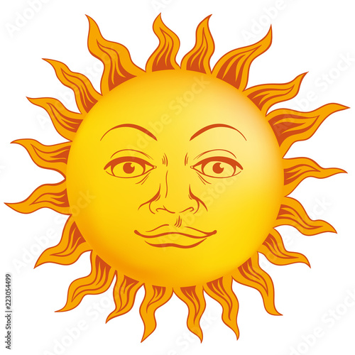 Sun of yellow color in vintage style face