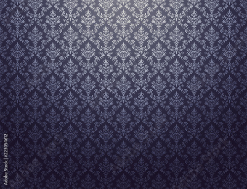 Black wallpaper with silver damask pattern