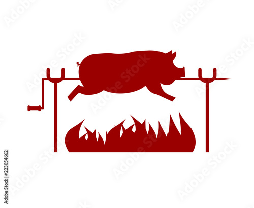 Roasted Pig on spit. Pork on fire. Vector illustration