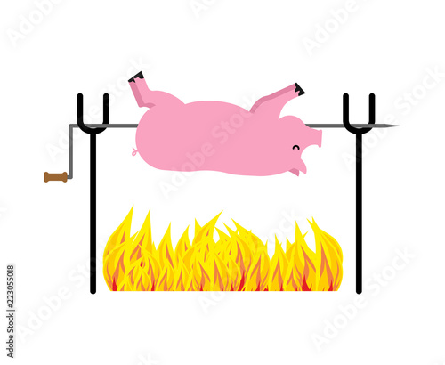 Roasted Pig on spit. Pork on fire. Vector illustration