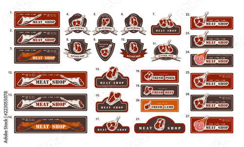 Design template of butchery labels and signboards. Big set of meat shop logos. Butcher market logotype. Vector illustration.