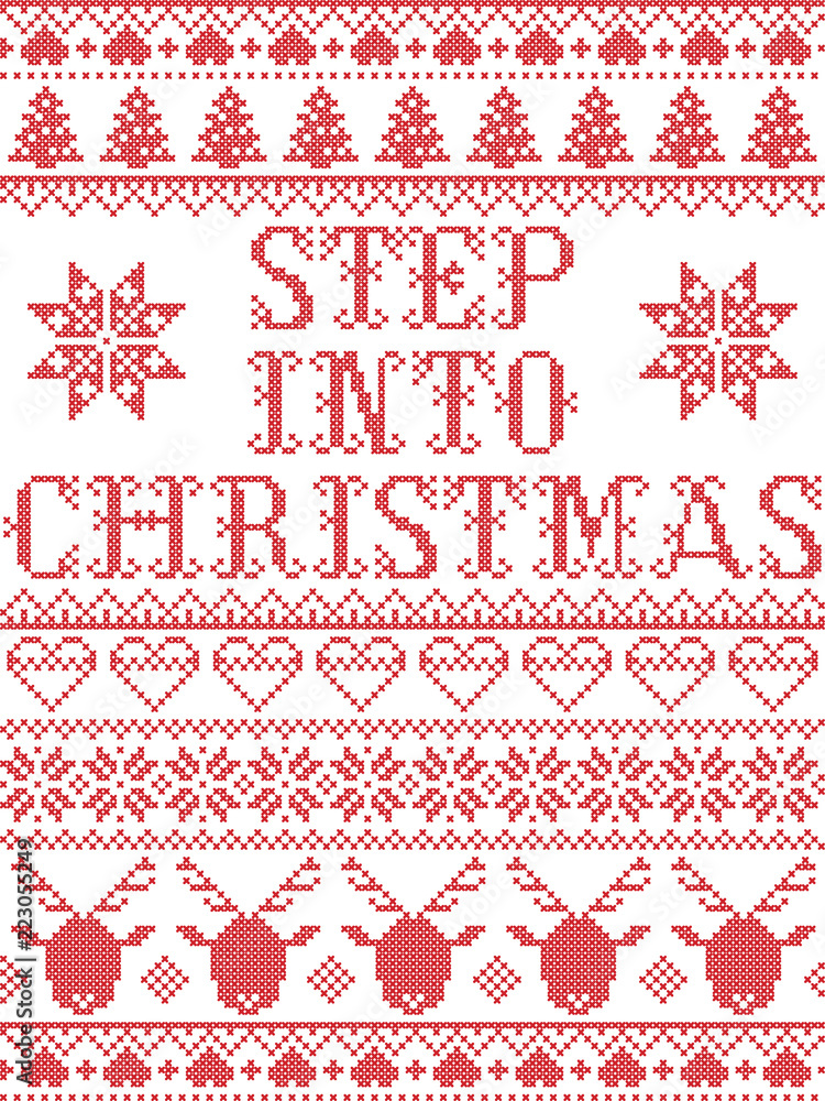Christmas pattern Step into christmas carol vector seamless pattern inspired by Nordic culture festive winter in cross stitch with heart, snowflake, snow ,Christmas tree, reindeer, Christmas pattern Step into christmas carol vector seamless pattern inspired by Nordic culture festive winter in cross stitch with heart, snowflake, snow ,Christmas tree, reindeer,