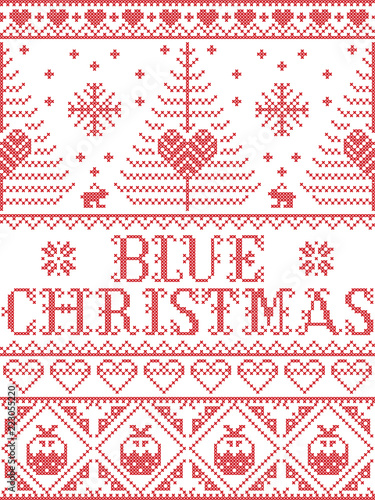 Christmas pattern Blue Christmas carol vector seamless pattern inspired by Nordic culture festive winter in cross stitch with heart, snowflake, snow ,Christmas tree, reindeer, in red and white 
