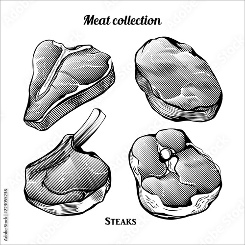 Engraving style collection of meat food ingredients. Line art vintage illustration of beefsteak, pork chop, rib eye and t-bone steaks. Vector