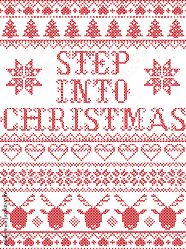 Christmas pattern Step into christmas carol vector seamless pattern inspired by Nordic culture festive winter in cross stitch with heart, snowflake, snow ,Christmas tree, reindeer,