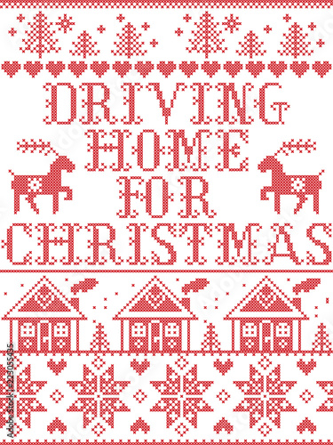Christmas pattern Driving home for Christmas carol vector seamless pattern inspired by Nordic culture festive winter in cross stitch with heart, snowflake, snow ,Christmas tree,  reindeer