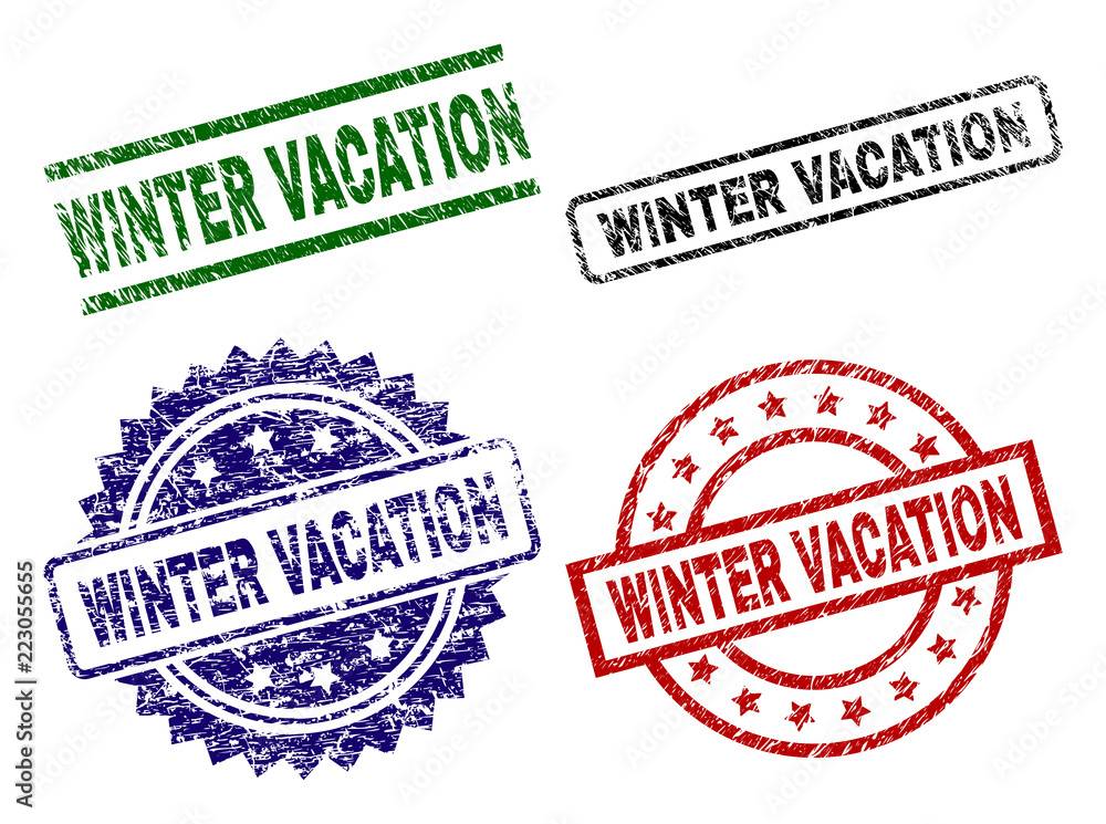 WINTER VACATION seal prints with distress texture. Black, green,red,blue vector rubber prints of WINTER VACATION title with scratched surface. Rubber seals with circle, rectangle, medal shapes.