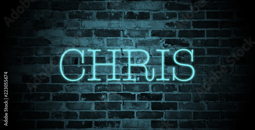 first name chris in blue neon on brick wall