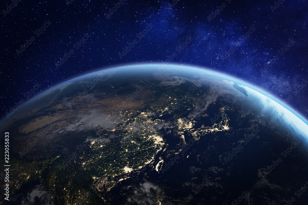 Fototapeta Azja nocą z kosmosu ze światłami miasta pokazującymi działalność człowieka w Chinach, Japonii, Korei Południowej, Tajwanie i innych krajach, renderowanie 3d planety Ziemia, elementy z NASA
