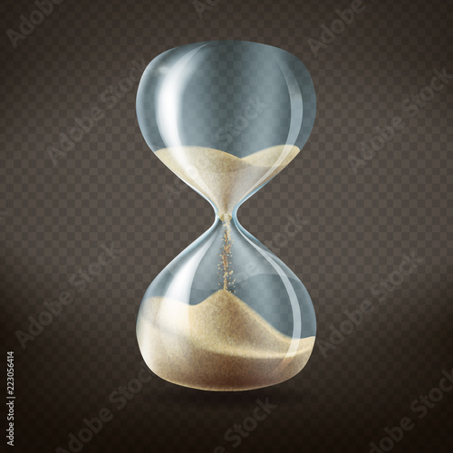Vector 3d realistic hourglass with running sand inside, isolated on dark transparent background. Concept time passing or countdown concept.