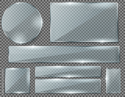 Vector realistic set of transparent glass plates, blank shining frames isolated on background. Collection of clear banners in different shapes with glossy effect. Clipart for your design