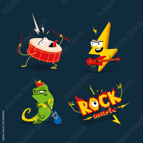 Set of 4 cartoon illustrations on the theme of rock.