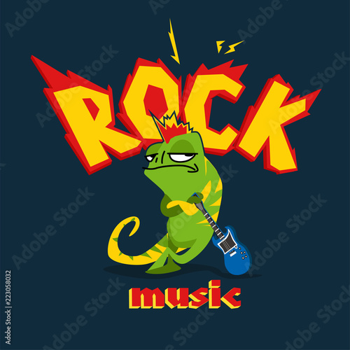 Cartoon image in rock style with chameleon and electronic guitar.