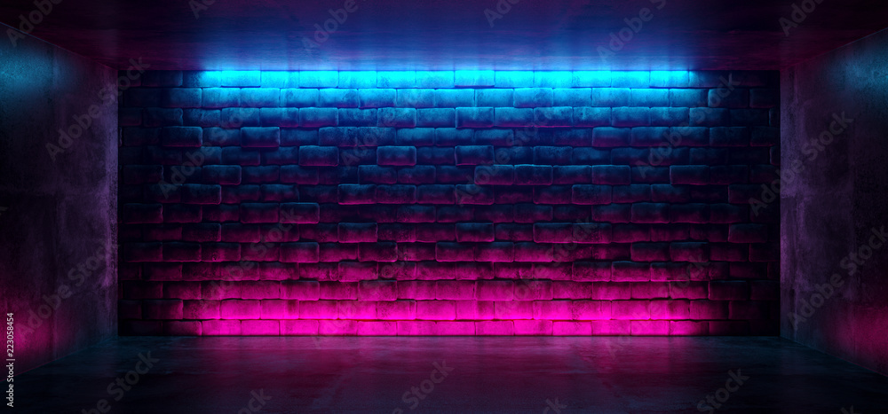 Modern Futuristic Neon Club Purple And Blue Lighted Empty Space Old Grunge Stone Bricked Detailed Wall In Room Wallpaper Background 3D Rendering - obrazy, fototapety, plakaty 