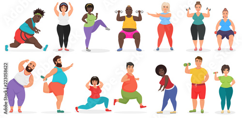 Fat cute people doing fitness exercise training. Man and woman gym workout vector illustration.