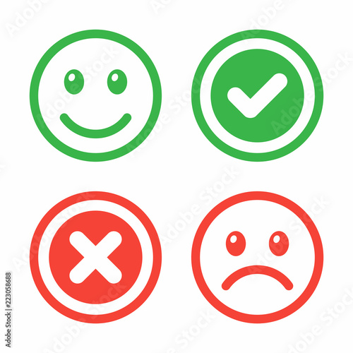 Happy and sad face, tick and cross. Vector icon set.