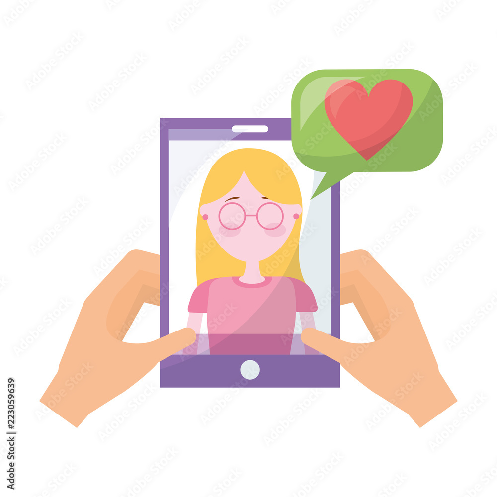hands holding smartphone with woman talking love hands holding smartphone with woman talking love