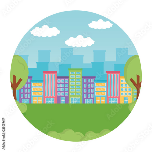 landscape city buildings trees grass round label