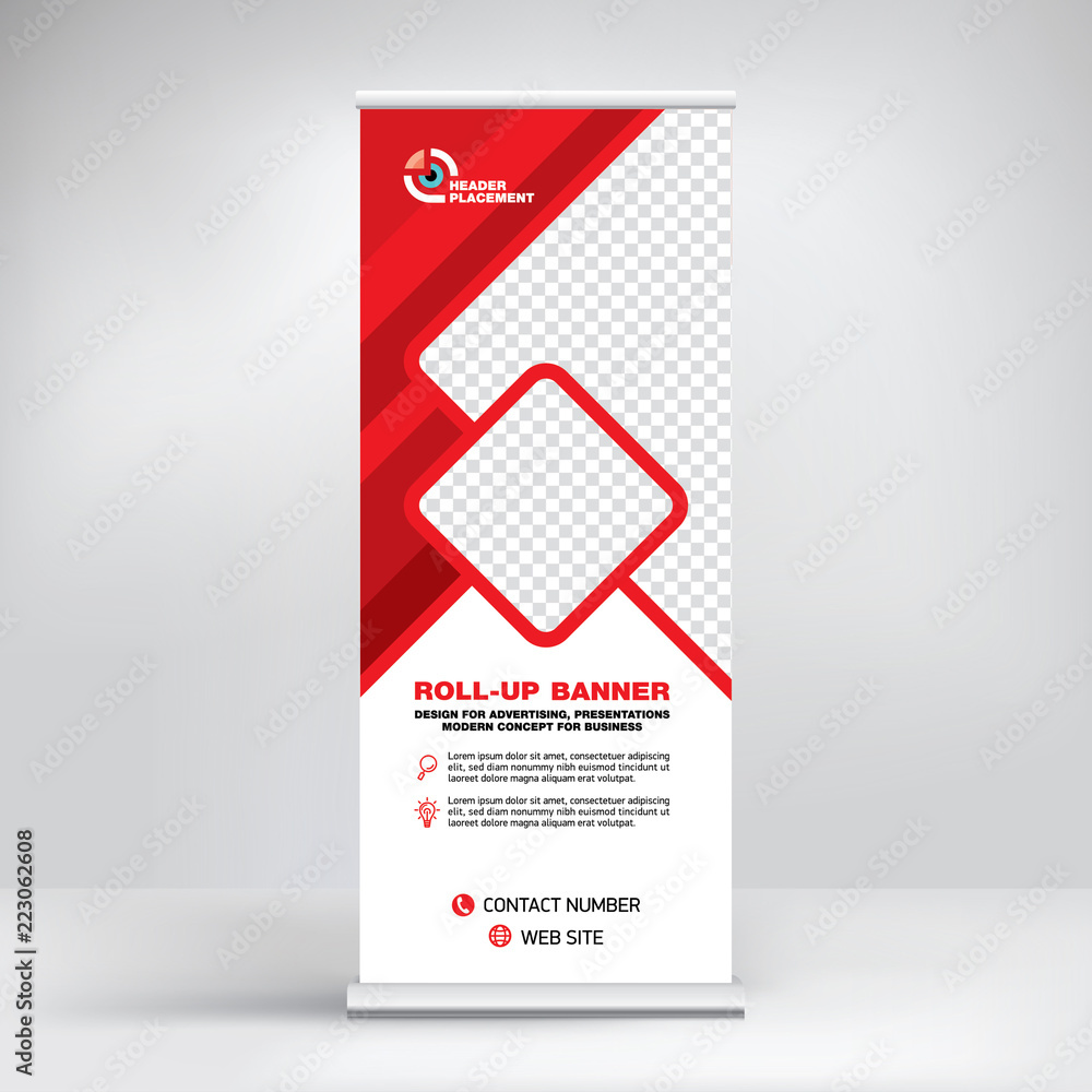Roll-up design, modern graphic style, banner for advertising goods and services, stand for exhibitions, presentations, conferences, seminars. Abstract red background. Template for photos and text. Roll-up design, modern graphic style, banner for advertising goods and services, stand for exhibitions, presentations, conferences, seminars. Abstract red background. Template for photos and text.