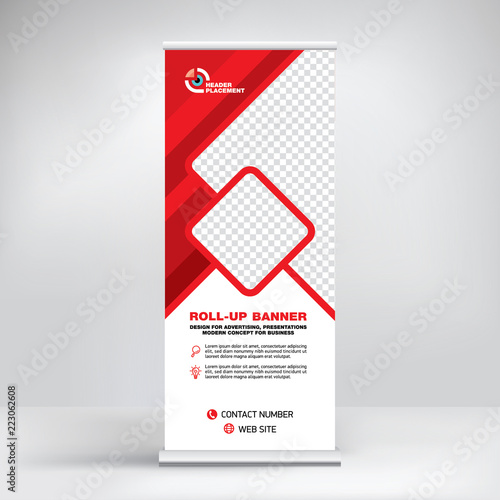 Roll-up design, modern graphic style, banner for advertising goods and services, stand for exhibitions, presentations, conferences, seminars. Abstract red background. Template for photos and text.